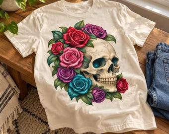 Gothic Floral Skull PNG, Jewel Tone Roses, Botanical Detail (Digital Download)