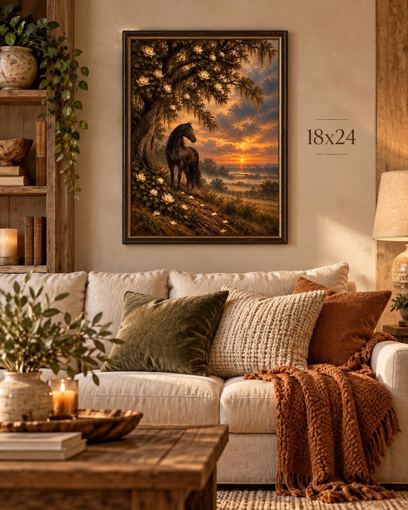 Vintage equestrian wall art with black horse, magnolia tree and glowing sunset displayed above a cozy neutral sofa.