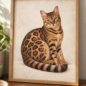 Bengal cat print mockup in a natural oak frame on a wooden tabletop, with warm sunlight, a cream wall, and a small green plant beside it.