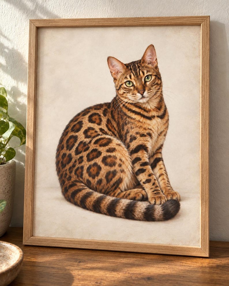 Bengal cat print mockup in a natural oak frame on a wooden tabletop, with warm sunlight, a cream wall, and a small green plant beside it.