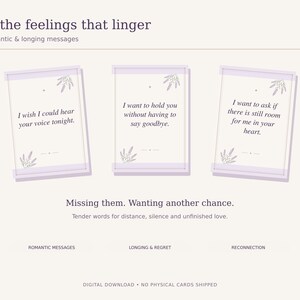Three cream oracle cards with lavender illustrations displaying messages about missing someone, wanting closeness, and hoping for another chance.