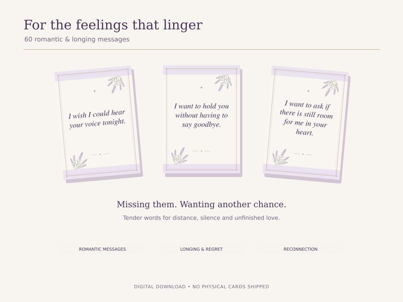 Three cream oracle cards with lavender illustrations displaying messages about missing someone, wanting closeness, and hoping for another chance.