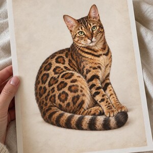 Mockup of a hand holding a Bengal cat print over cream linen, with a narrow white paper border around the vintage style golden cat portrait.