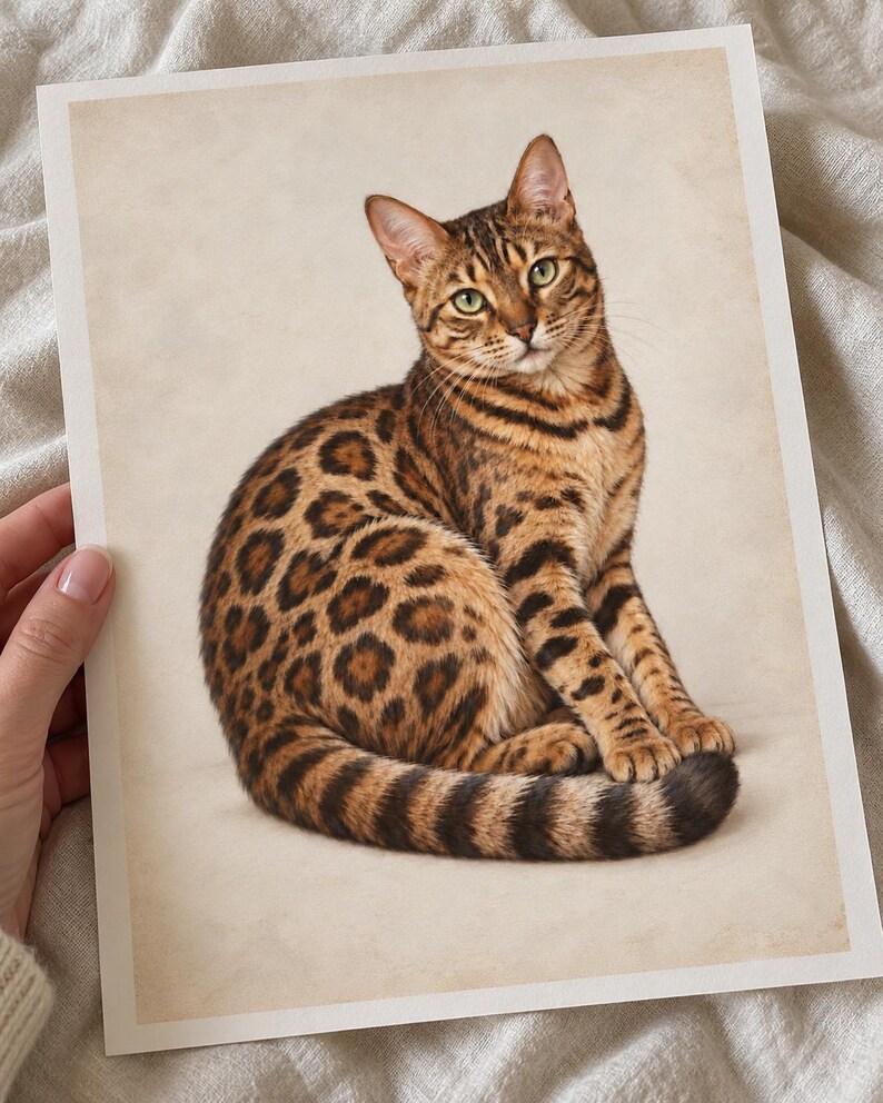 Mockup of a hand holding a Bengal cat print over cream linen, with a narrow white paper border around the vintage style golden cat portrait.