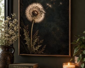 Moody Dandelion Wall Art, Dark Botanical Print, Vintage Flower Decor (Digital Download)