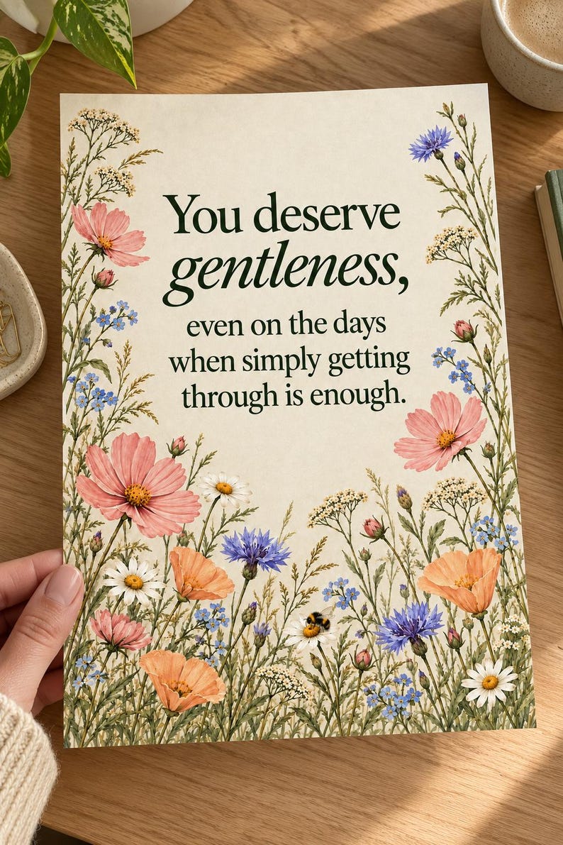 Unframed wildflower quote print held at one corner over a wooden desk. Forest-green lettering on ivory paper reads “You deserve gentleness, even on the days when simply getting through is enough,” surrounded by colorful flowers and a resting bee.