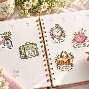 Weekly planner
Weekly planner decorated with floral faith stickers featuring a bicycle, suitcase, pocket watch, yarn, and picnic basket, beside daisies and a coffee mug.