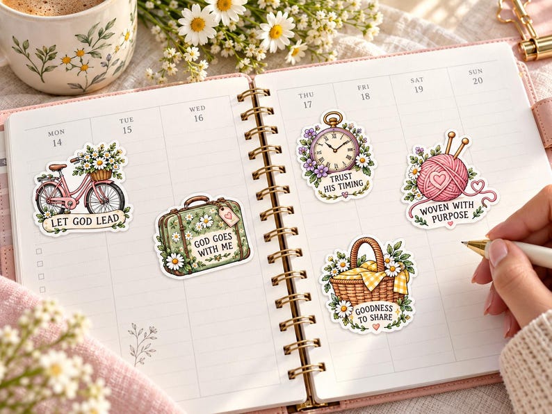 Weekly planner
Weekly planner decorated with floral faith stickers featuring a bicycle, suitcase, pocket watch, yarn, and picnic basket, beside daisies and a coffee mug.