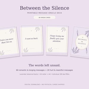 Four lavender botanical oracle cards displaying romantic and hurt messages beside the matching back. Between the Silence includes 80 printable cards.