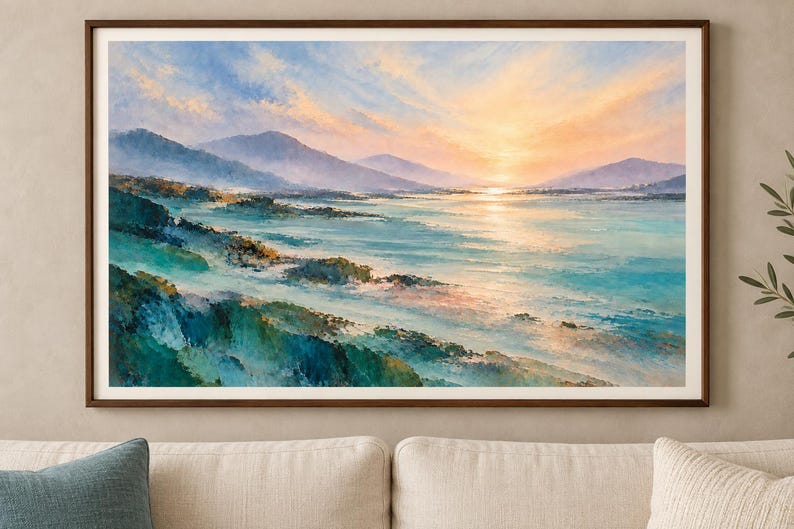 Teal and peach landscape with rugged foreground shapes, misty purple mountains, and a narrow band of golden light across the water.