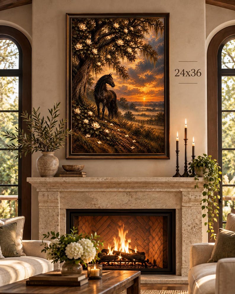 Large black horse and magnolia landscape print displayed in a 24x36 frame above a fireplace in a warm rustic living room.