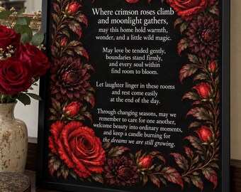Gothic Floral Home Blessing Print, Red Rose Witchy Wall Art (Digital Download)