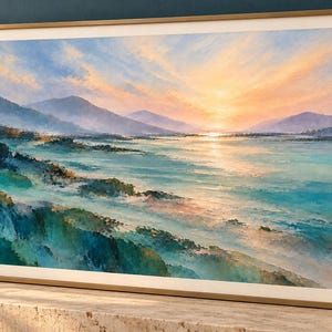 Horizontal landscape artwork featuring turquoise and blue green foreground shapes beneath hazy mountain ridges and a soft ivory sky.