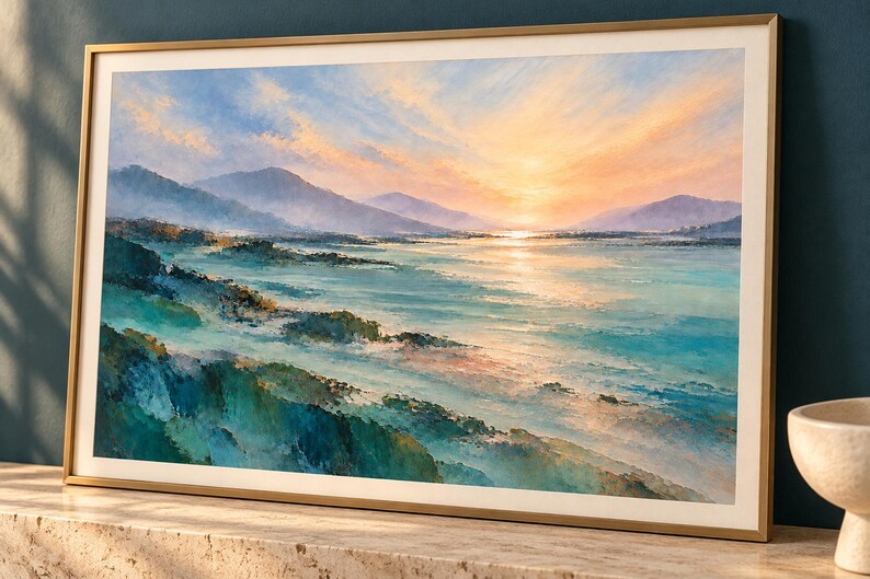 Horizontal landscape artwork featuring turquoise and blue green foreground shapes beneath hazy mountain ridges and a soft ivory sky.