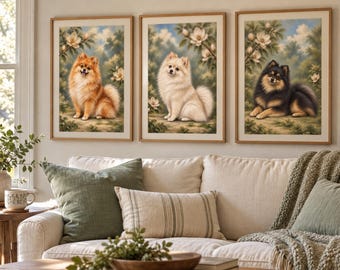 Pomeranian Botanical Print Set, Vintage Magnolia Dog Art (Digital Download)