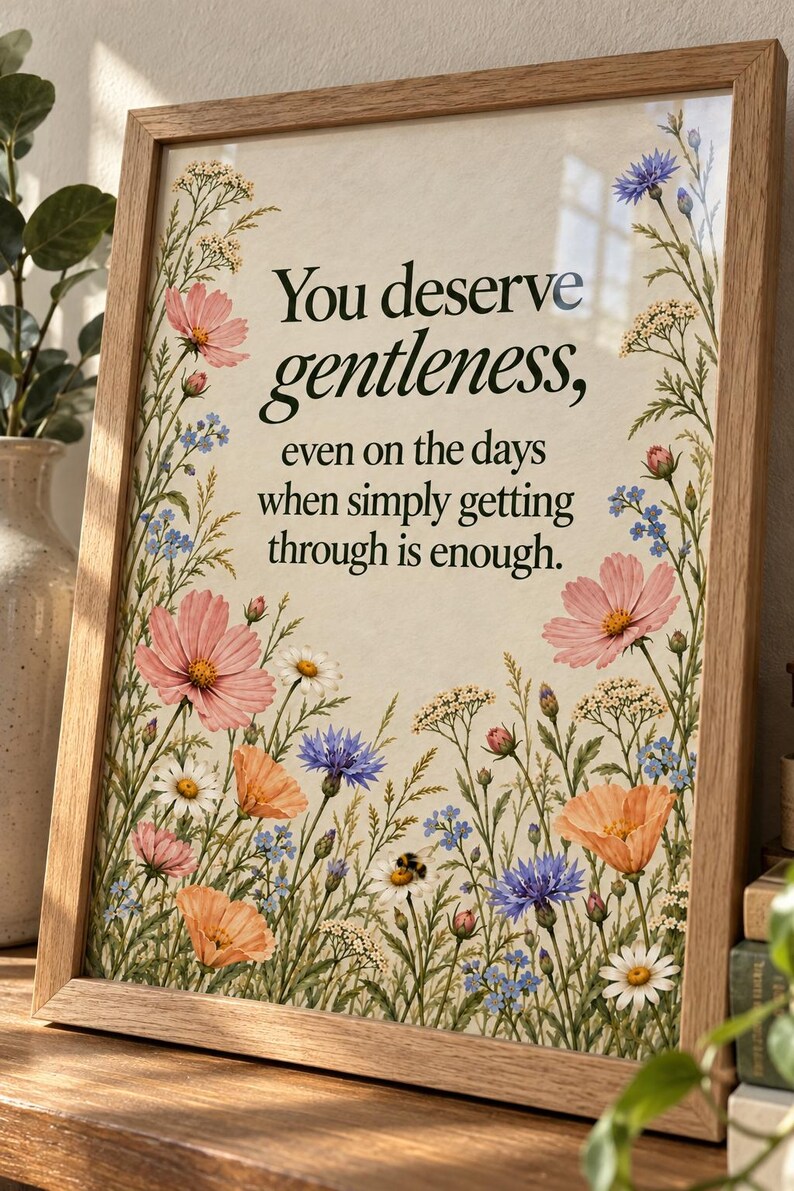 Angled view of a wildflower quote print in a wood frame on a shelf beside a plant. Natural light reflects softly on the glass, with forest-green lettering and colorful meadow flowers visible beneath.
