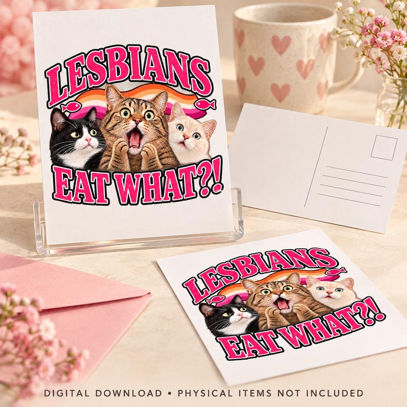 Printed postcards showing the “Lesbians Eat What?!” cat artwork, alongside a postcard back with address lines and a stamp box, styled with a pink envelope.