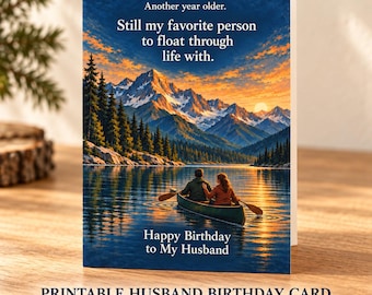 Romantic Canoeing Mountain Birthday Card for Husband (Digital Download)