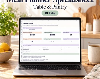 Meal Planner Excel Spreadsheet, Grocery List, Recipe Organizer & Pantry Inventory — 18 Tabs