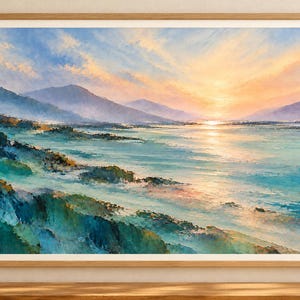 Semi abstract landscape with deep teal water, lavender mountains, and a glowing apricot sunset reflected across a quiet lake.