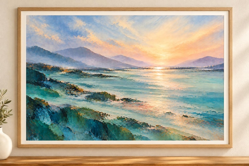 Semi abstract landscape with deep teal water, lavender mountains, and a glowing apricot sunset reflected across a quiet lake.