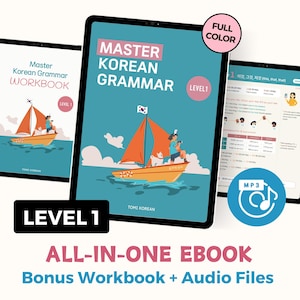 Domina la gramática coreana - Nivel 1 para principiantes / Imprimible / Inglés / 194 páginas / A todo color / Libro de ejercicios y archivos de audio adicionales / Aprende coreano