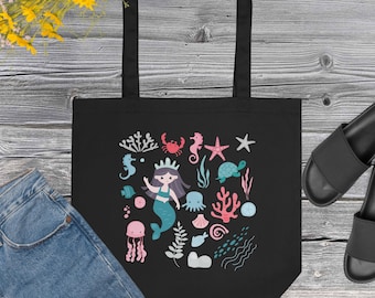 Eco Tote Bag with lovely colorful mermaid drawing  and see animals