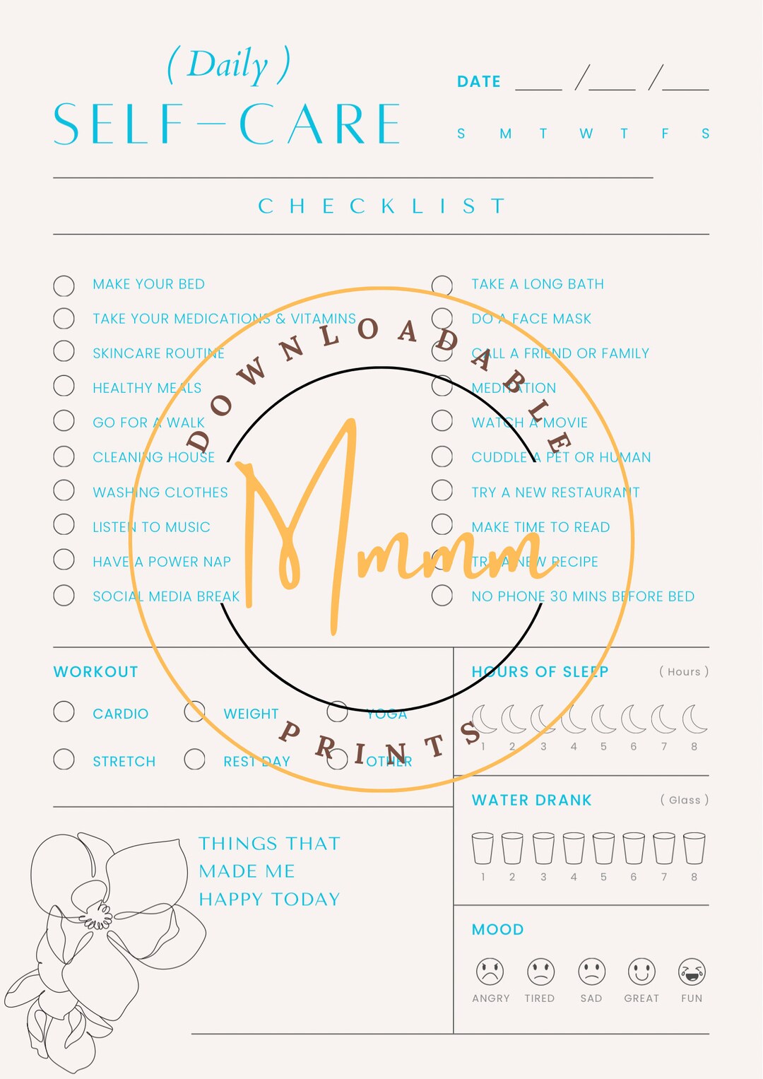 Instant Blue Daily Self Care Checklist, Day Planner Printable ...