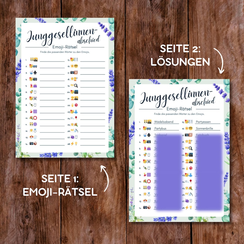 JGA Emoji-Rätsel mit 28 Begriffen – PDF zum Ausdrucken auf Deutsch | Junggesellinnen-Abschied-Spiel