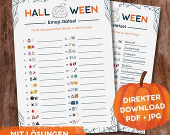Könnte beinhalten: Zwei Halloween-Spielblätter zum Ausdrucken mit einer Kürbisgrafik. Die Blätter enthalten Emoji-Rätsel und Worträtsel. Der Text enthält "HALLOWEEN" und "Emoji-Rätsel". Ein orangefarbenes Banner unten lautet "MIT LÖSUNGEN".