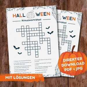 Könnte beinhalten: Zwei Halloween-Kreuzworträtsel auf weißem Papier mit Kürbis- und Fledermausillustrationen. Der Text enthält "Halloween" und "Kreuzworträtsel" in Orange und Schwarz. Eine Kürbisgrafik mit der Aufschrift "Direkter Download PDF + JPG".