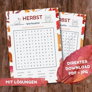 Autumn Word Search in German – Letter Salad with Solutions | Autumnal Word Puzzle to Print for Kids & Adults