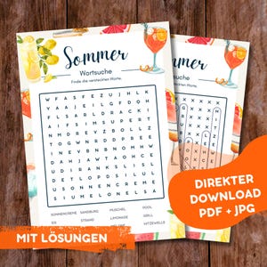 Sopa de letras de verano en alemán – ensalada de letras | Juego de verano | Rompecabezas de palabras de verano para imprimir para niños y adultos | vacaciones de verano