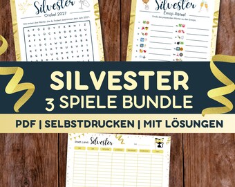May include: A set of three printable New Year's Eve game sheets featuring a word search titled Silvester Orakel 2027, an emoji quiz titled Silvester Emoji-Rätsel, and a category game sheet titled Stadt Land Silvester.