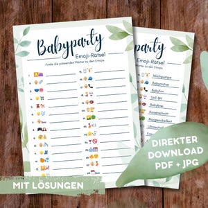 Könnte beinhalten: Zwei druckbare Babyparty-Spielbögen mit dem Titel "Babyparty" in eleganter Schrift. Die Bögen zeigen Emoji-Rätsel mit entsprechenden Wortlisten, verziert mit Aquarell-Blattakzenten. Der Text "Direkter Download PDF + JPG" ist sichtbar.