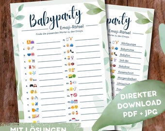 Baby shower emoji puzzle with 28 words – guessing fun to print out in German | For children & adults | Baby shower game