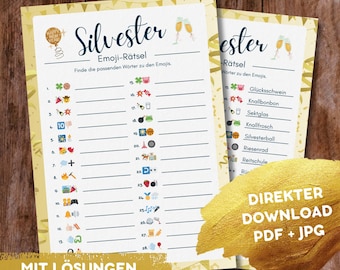 New Year's Eve Emoji Puzzle with 28 Words – Printable Guessing Game in German | For Children & Adults
