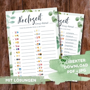 Op de afbeelding: Een printbaar huwelijksspel met een groene aquarel achtergrond en eucalyptusbladeren. Het spel heet "Emoji-Rätsel" en vraagt spelers om de woorden te raden die overeenkomen met de emoji's. Het spel bevat een lijst met woorden en een lijst met emoji's. Het spel is beschikbaar voor directe download in PDF- en JPG-formaten.