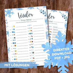 Könnte beinhalten: Zwei weiße, bedruckbare Winter-Emoji-Rätselblätter mit blauen Schneeflocken- und Blättern-Akzenten. Der Text enthält "Winter Emoji-Rätsel" und "Finde die passenden Wörter zu den Emojis." Eine blaue Schneeflockengrafik sagt "DIREKTER DOWNLOAD PDF + JPG."