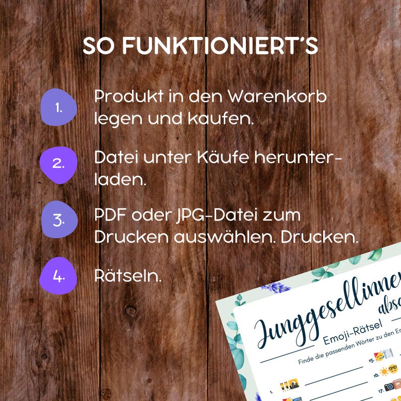 JGA Emoji-Rätsel mit 28 Begriffen – PDF zum Ausdrucken auf Deutsch | Junggesellinnen-Abschied-Spiel