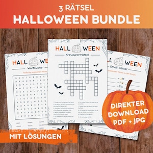 Könnte beinhalten: Ein Halloween-Bundle mit drei Rätselseiten, die mit Kürbis- und Fledermaus-Illustrationen versehen sind. Die Seiten enthalten ein Wortsuchrätsel, ein Kreuzworträtsel und ein Emoji-Rätsel. Das Bundle ist als PDF- und JPG-Download verfügbar.