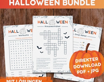 Paquete de rompecabezas de Halloween: sopas de letras, crucigramas y emojis en alemán | 3 rompecabezas espeluznantes para imprimir