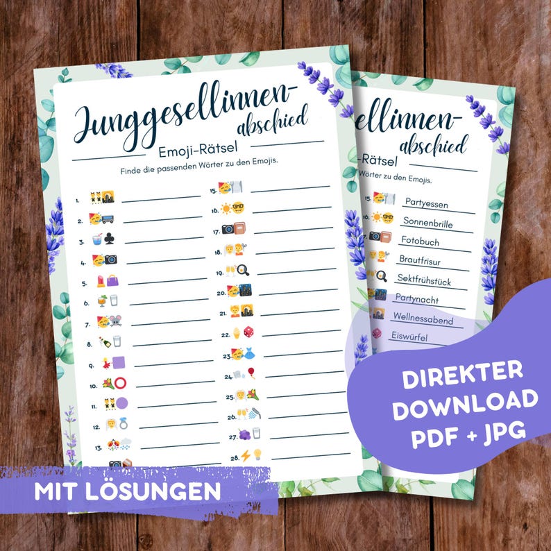 JGA Emoji-Rätsel mit 28 Begriffen – PDF zum Ausdrucken auf Deutsch | Junggesellinnen-Abschied-Spiel
