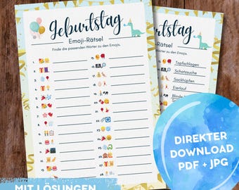 Rompecabezas de emojis de cumpleaños con 28 palabras en azul: divertido para imprimir en alemán | Juego de cumpleaños para niños y adultos.