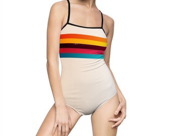 Women's One-piece Swimsuit (retro rainbow, off white front and black on the back)