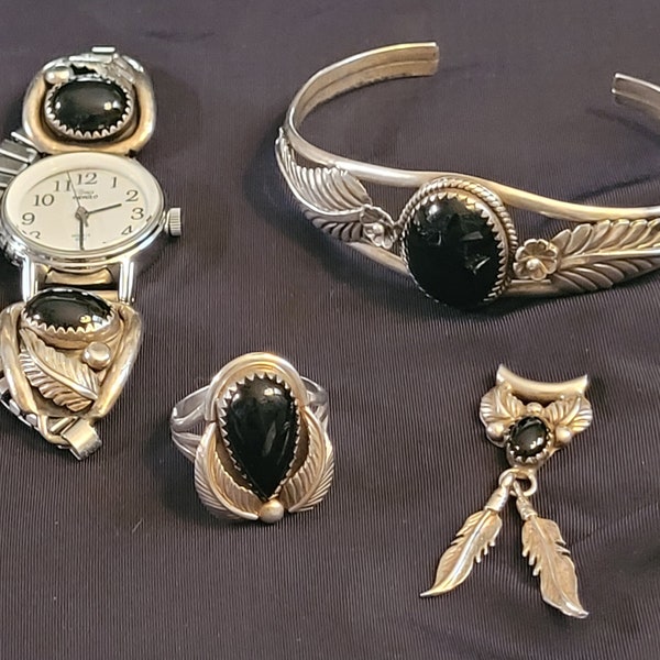 VINTAGE ESTATE Native American Signed Sterling Silver Black Onyx Necklace Pendant Watchband Cuff Bracelet Ring Full Set