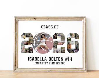 Op de afbeelding: Ingelijste fotocollage met een basketbalthema. Het ontwerp bevat de tekst "CLASS OF 2026" met foto's in de cijfers en een basketbalafbeelding. De naam "ISABELLA BOLTON #14" en "CUBA CITY HIGH SCHOOL" worden ook weergegeven.