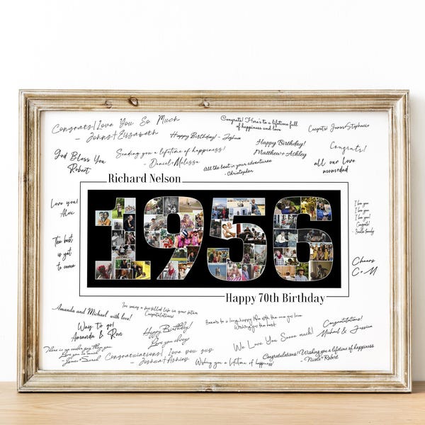 70th Photo Collage Gift, Personalized Milestone Signature Guest Book Alternative, Custom Birthday Decoration