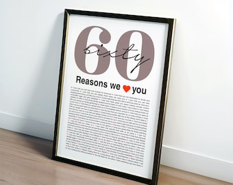 60 Reasons We Love You Poster, Custom 60th Birthday Gift (Digital or Printed)