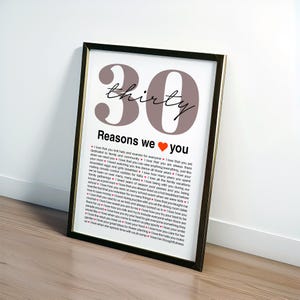 30 raisons pour lesquelles nous vous aimons, Cadeau personnalisé pour 30e anniversaire, Cadeaux 30e anniversaire pour hommes, Cadeaux 30e anniversaire pour femme, 30 choses que je t'aime Poster